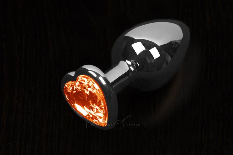 Большая анальная пробка с кристаллом в виде сердечка, серебристая - Пикантные Штучки 8,5 см